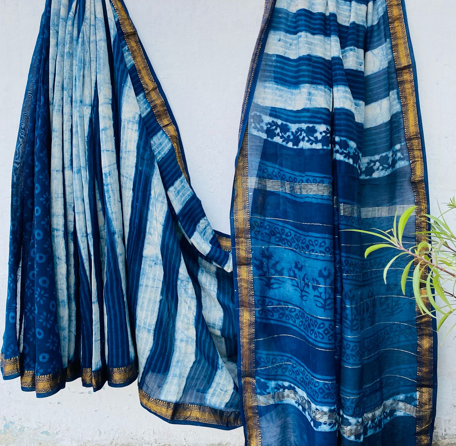 Maheshwari silk saree wholesale, hand block printed indigo panel design, pure silk saree by Fabtexs